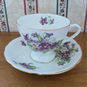 Gladstone Bone China Teacup & Saucer Purple Floral Gold Trim England Vintage